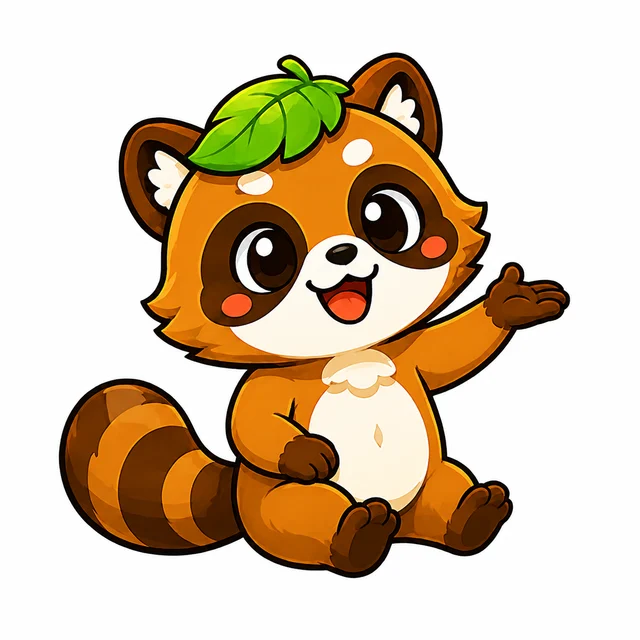 Tanji sits with a welcoming smile, one paw outstretched and a green leaf on his head.